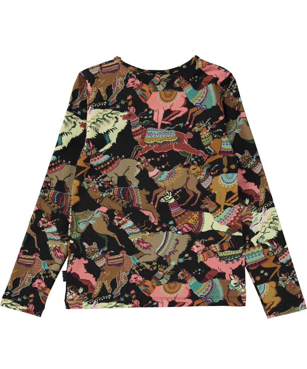 Rose - Lhama Joy Jersey - Black organic long sleeve top in all over llama print 