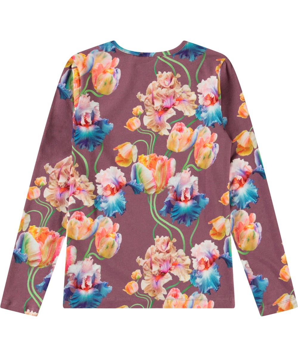 Rose - Rainbow Tulips - Purple long-sleeved top for children in organic cotton with a round neck and a print of colourful tulips.