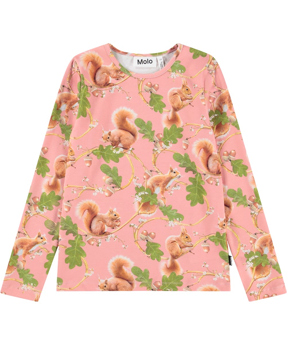 Rose - Squirrel Forest - Pink long-sleeved blouse for children made of organic cotton with a round neck and edge band.