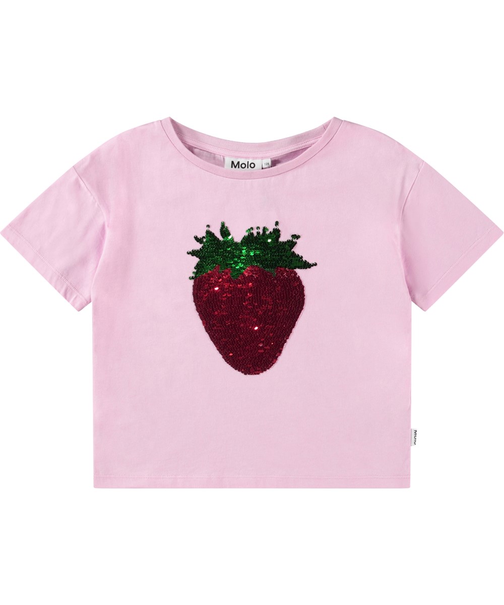 Roseanna - Glitter Strawberry - Oversized pink T-shirt for children in organic cotton with ribbed neckline and reversible sequin strawberry on the front.
