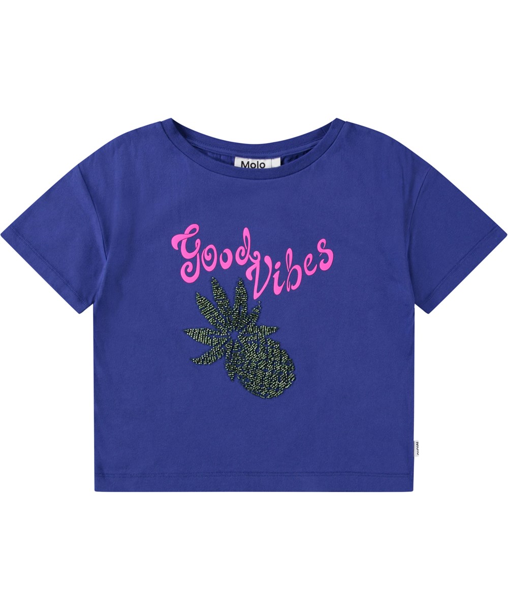 Roseanna - Sparkling Fruit - Oversized dark blue T-shirt for children in organic cotton with ribbed neckline.
