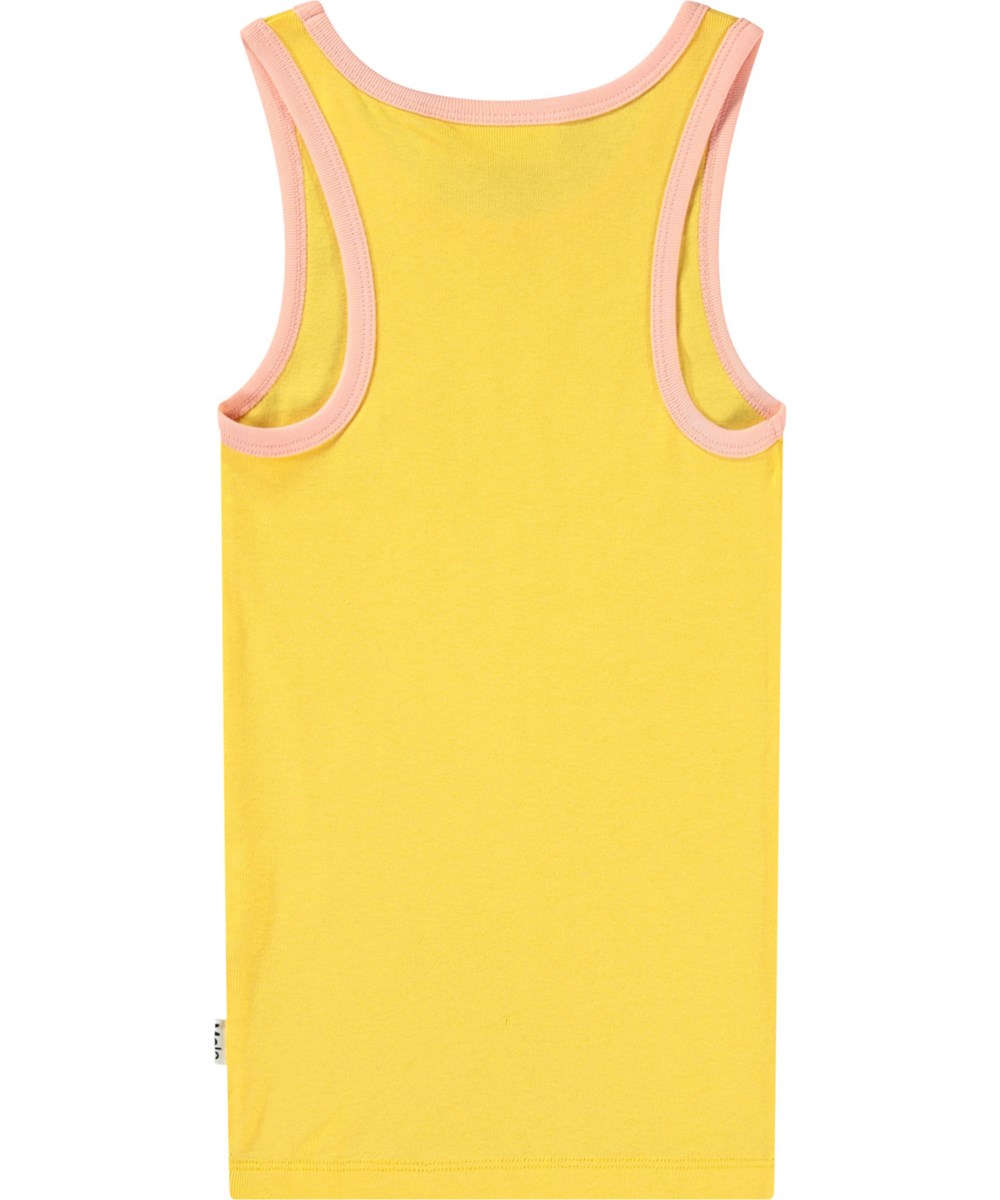 Rosie - Peach Strawberry - Yellow fitted tank top for children in organic cotton with pink trim along neckline and armholes.