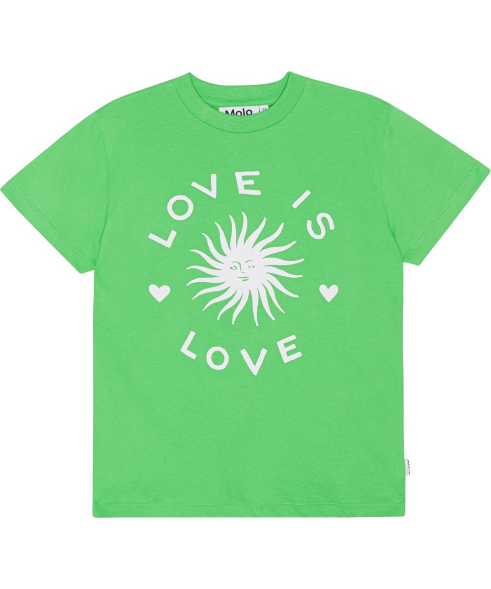 Roxo - Love Is Love - Short sleeve, green t-shirt in organic cotton with a white print of a sun and 'More Love'