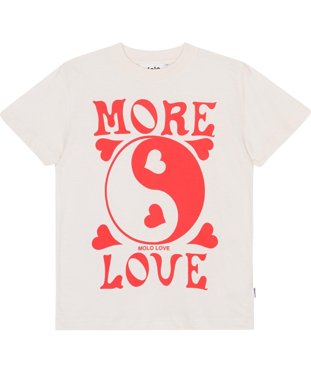 Roxo - Sea Shell - The white short-sleeved T-shirt in organic cotton features a large front print of Yin and Yang, along with the text 'More Love'