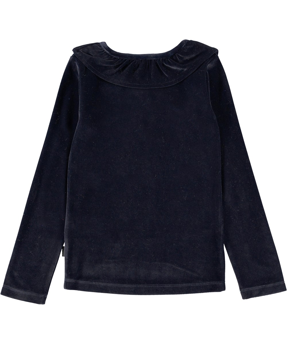 Rozlynn - Warm Blue - Blue velour top with ruffle collar 