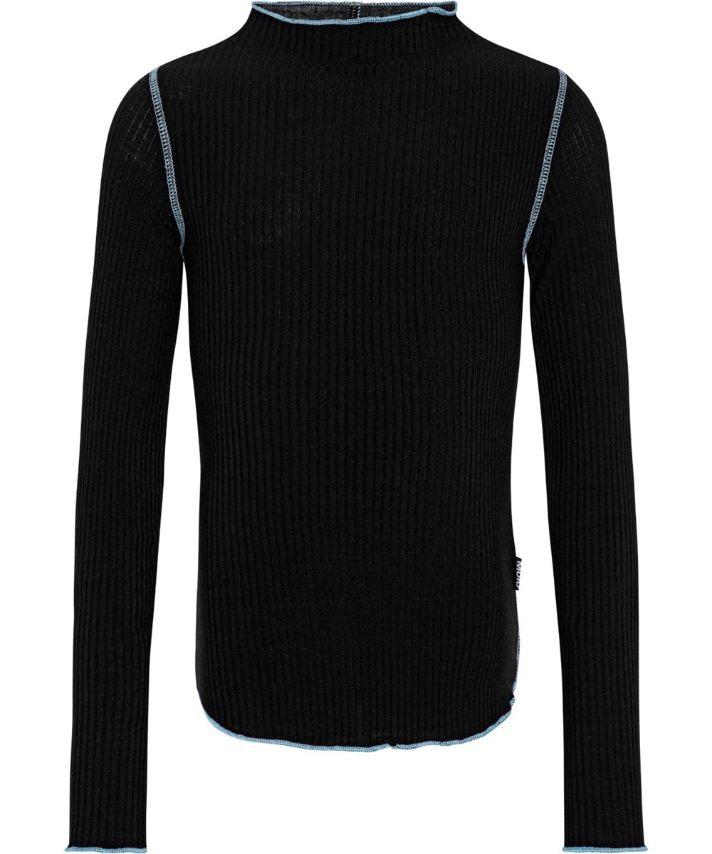 Ruya - Black - Soft black blouse with light blue overlock edges.