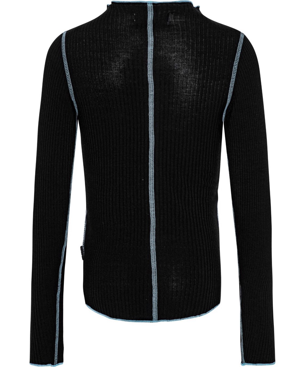 Ruya - Black - Soft black blouse with light blue overlock edges.