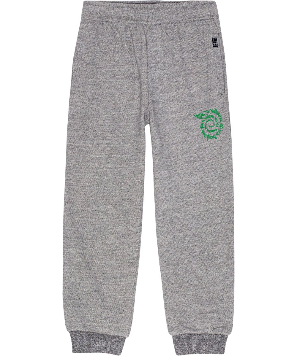 Adani - Grey Melange - Grijze gemêleerde joggingbroek met een groene spiraalvormige tekst op het bovenbeen.