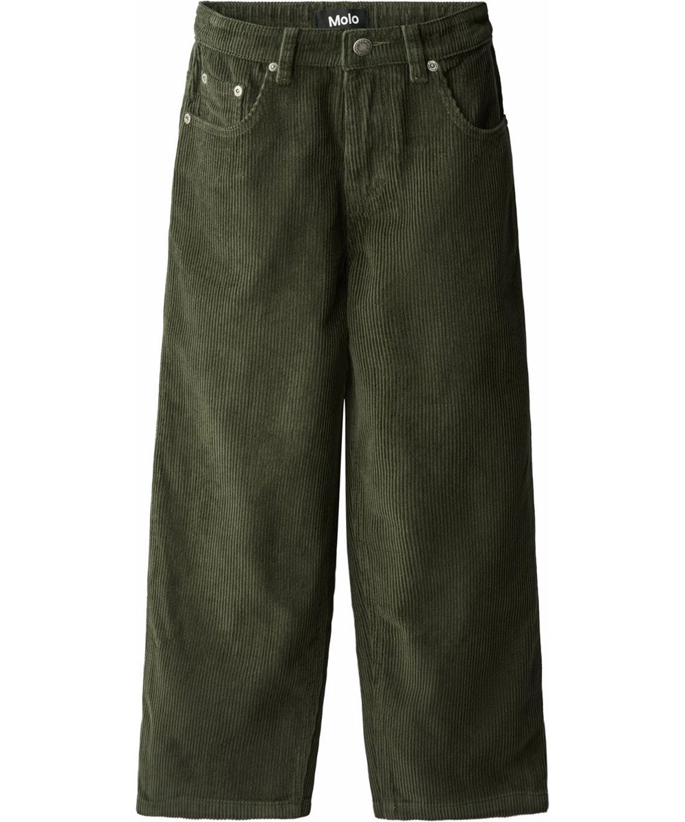 Aiden - Dark Forest - Oversized grijze kinderbroek gemaakt van geribbeld ribfluweel met vijf zakken, wijde pijpen en ritssluiting.