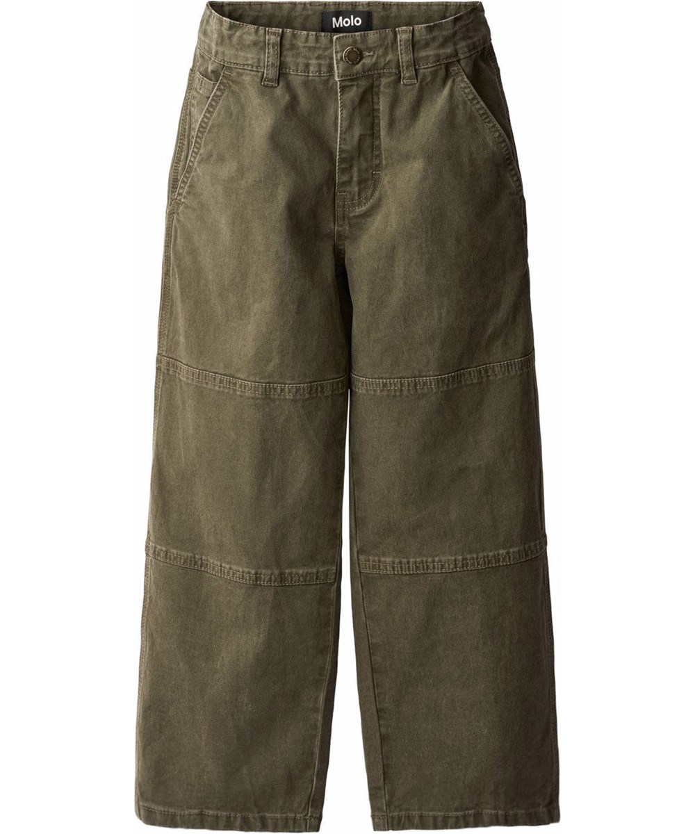 Alfred - Vegetation Wash - Groene wijde canvas kinderbroek gemaakt van katoen met stiksels.