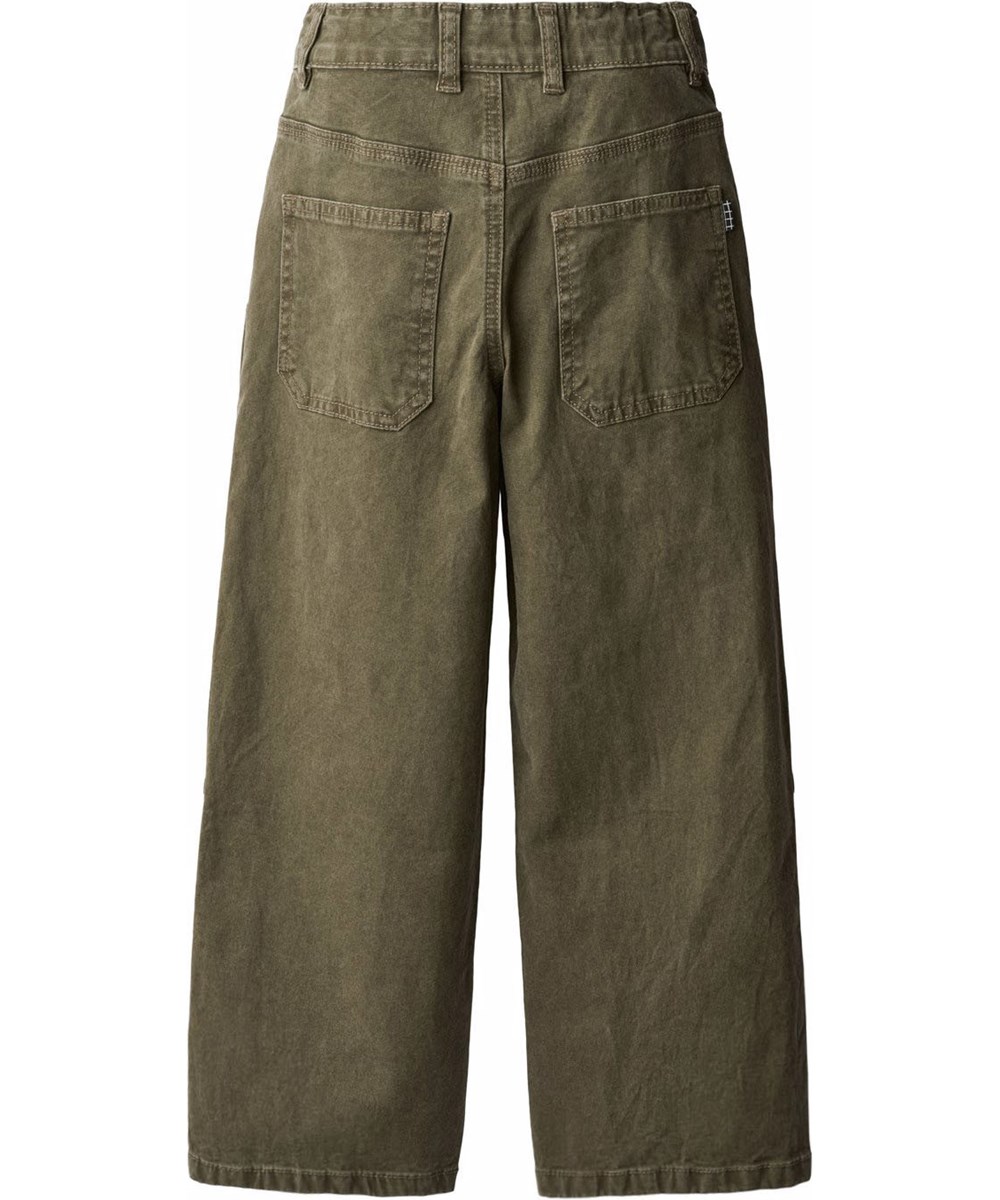 Alfred - Vegetation Wash - Groene wijde canvas kinderbroek gemaakt van katoen met stiksels.