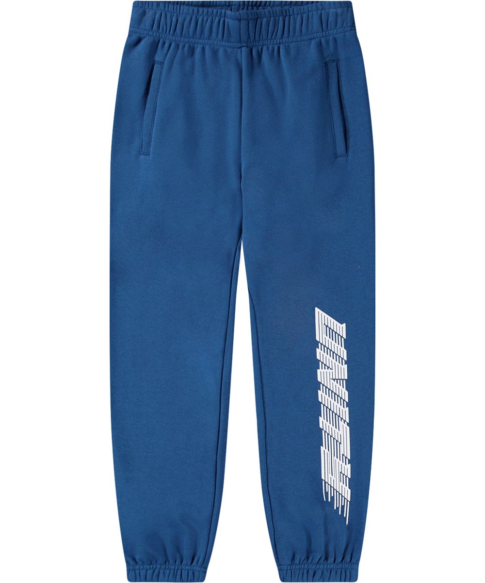 Allen - Best Blue - Blauwe biologisch joggingbroek voor kinderen met de tekst 'Unity'.