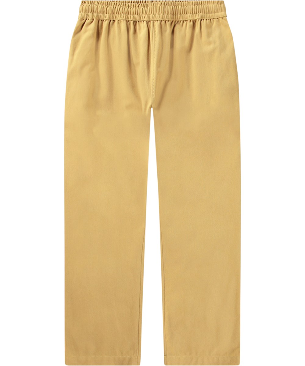 Amor - Praire Sand - Okerkleurige broek van biologisch katoen met elastische taille.