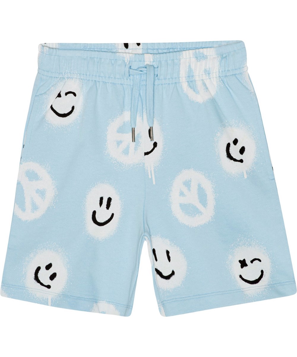 Adian - Pool Easy Peacy - Blauwe biolgosche joggingshort met witte print met smiley's en peace tekens