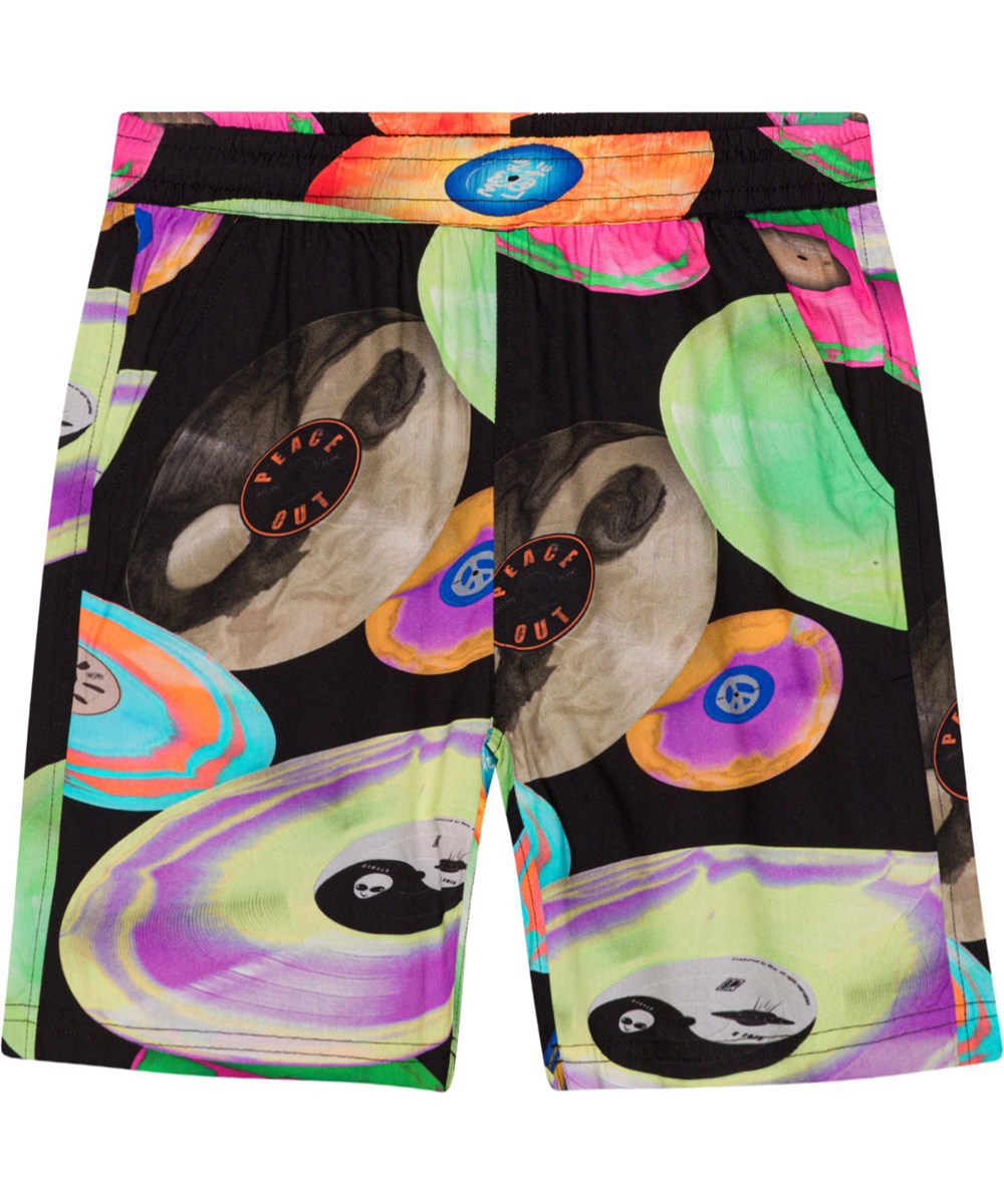 Avart - Records Dark - Zwarte kneilange short van zacht viscose met een print van vliegende elpees in neonkleuren