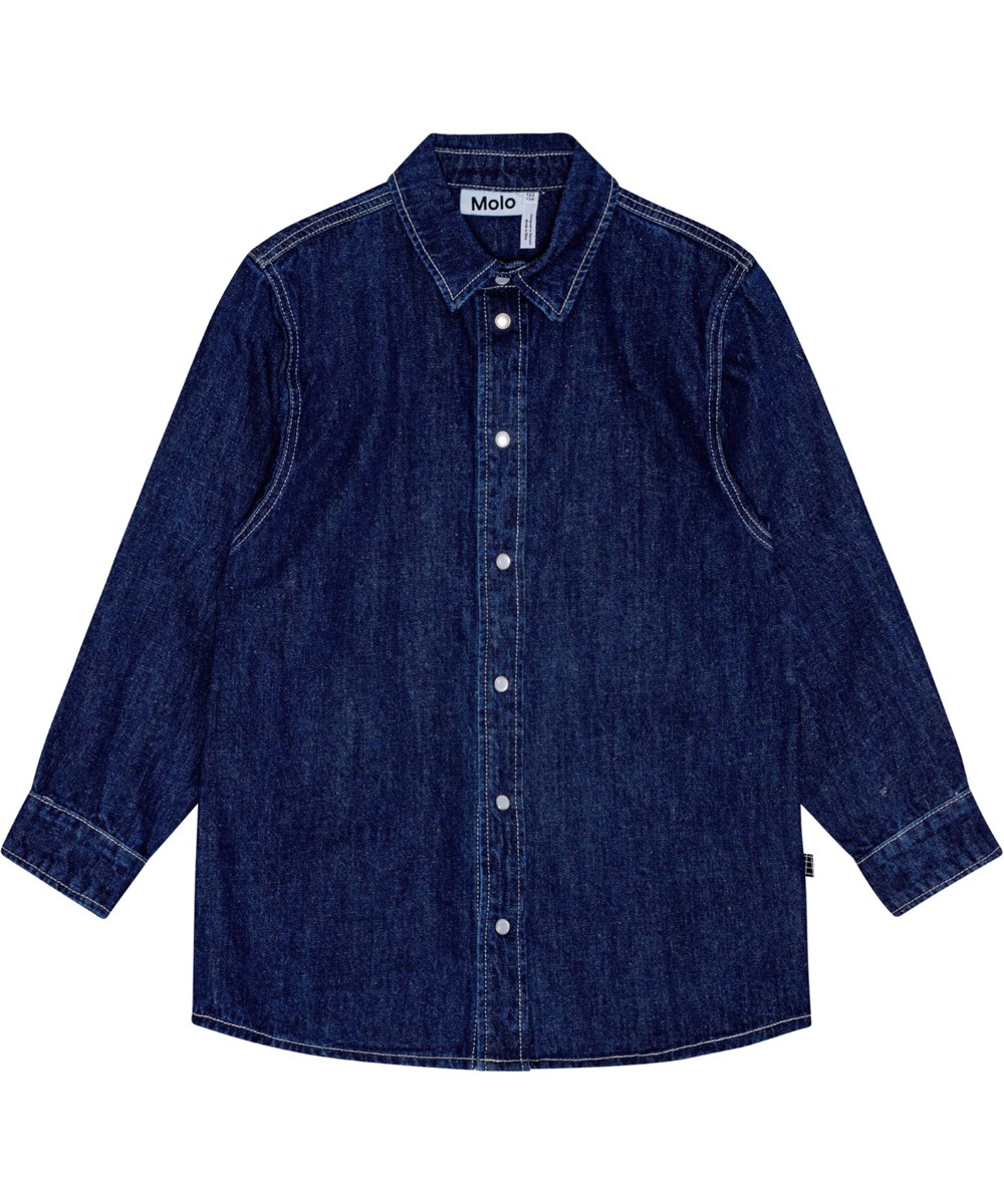 Rain - Oceanic Denim - Donkerblauw denim blouse met lange mouwen en normale pasvorm.