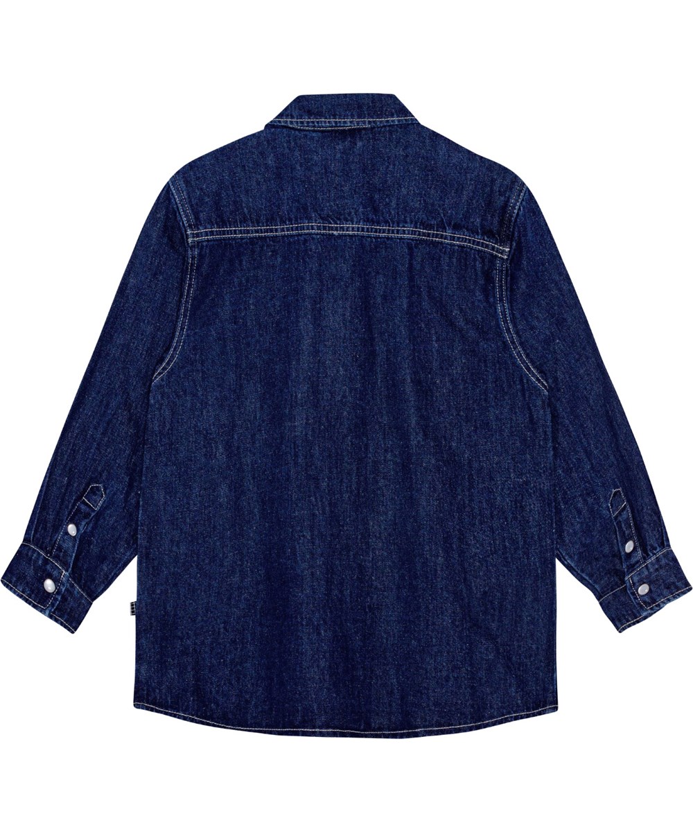 Rain - Oceanic Denim - Donkerblauw denim blouse met lange mouwen en normale pasvorm.