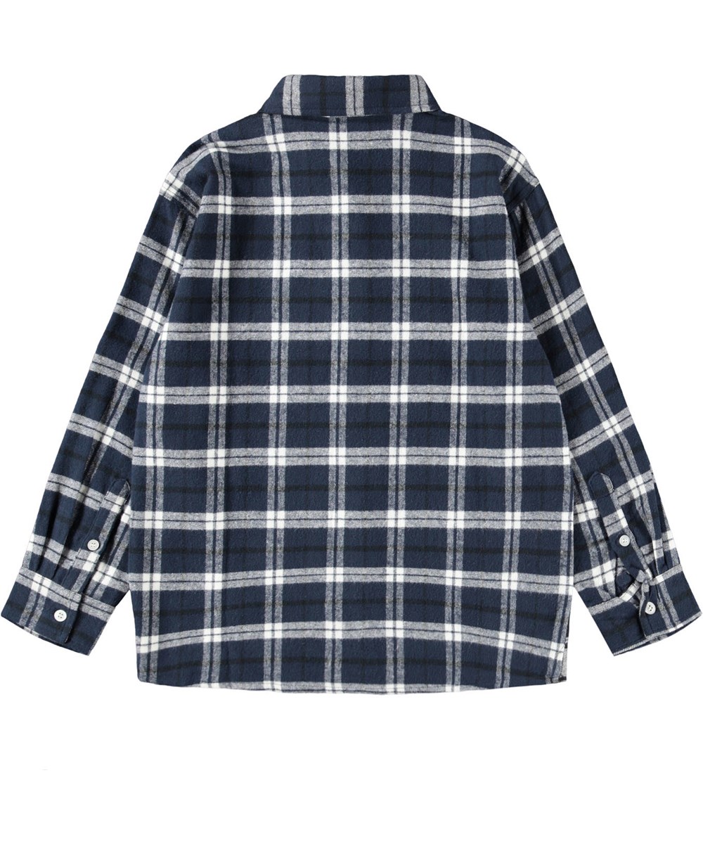 Remon - Crisp Black - Wit, zwart en blauw geruite kinderblouse gemaakt van biologisch katoen.