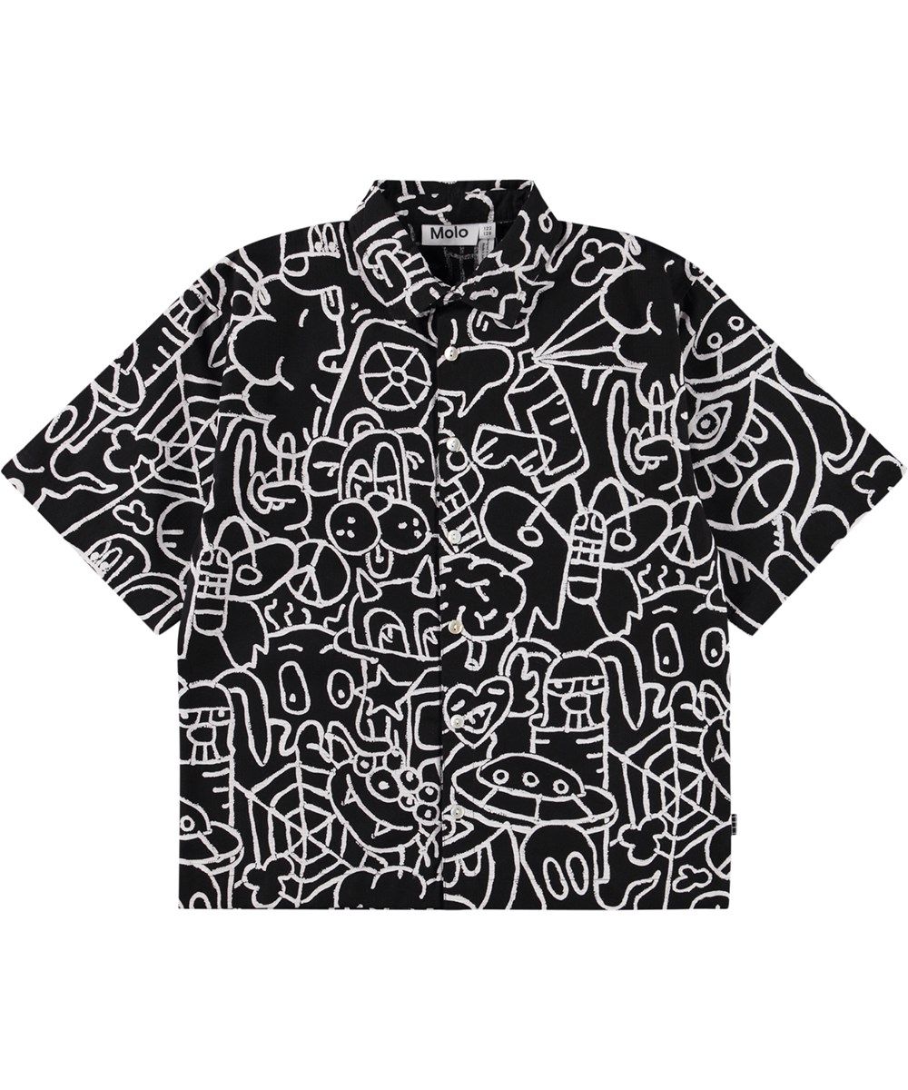 Richie - Net Doodle Dark - Zwart oversized kinderblouse gemaakt van biologisch katoen