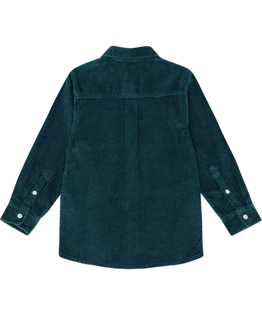 Rozz - Ponderosa Pine - Groen geribbeld katoenen fluwelen blouse met knoopsluiting en kraag.