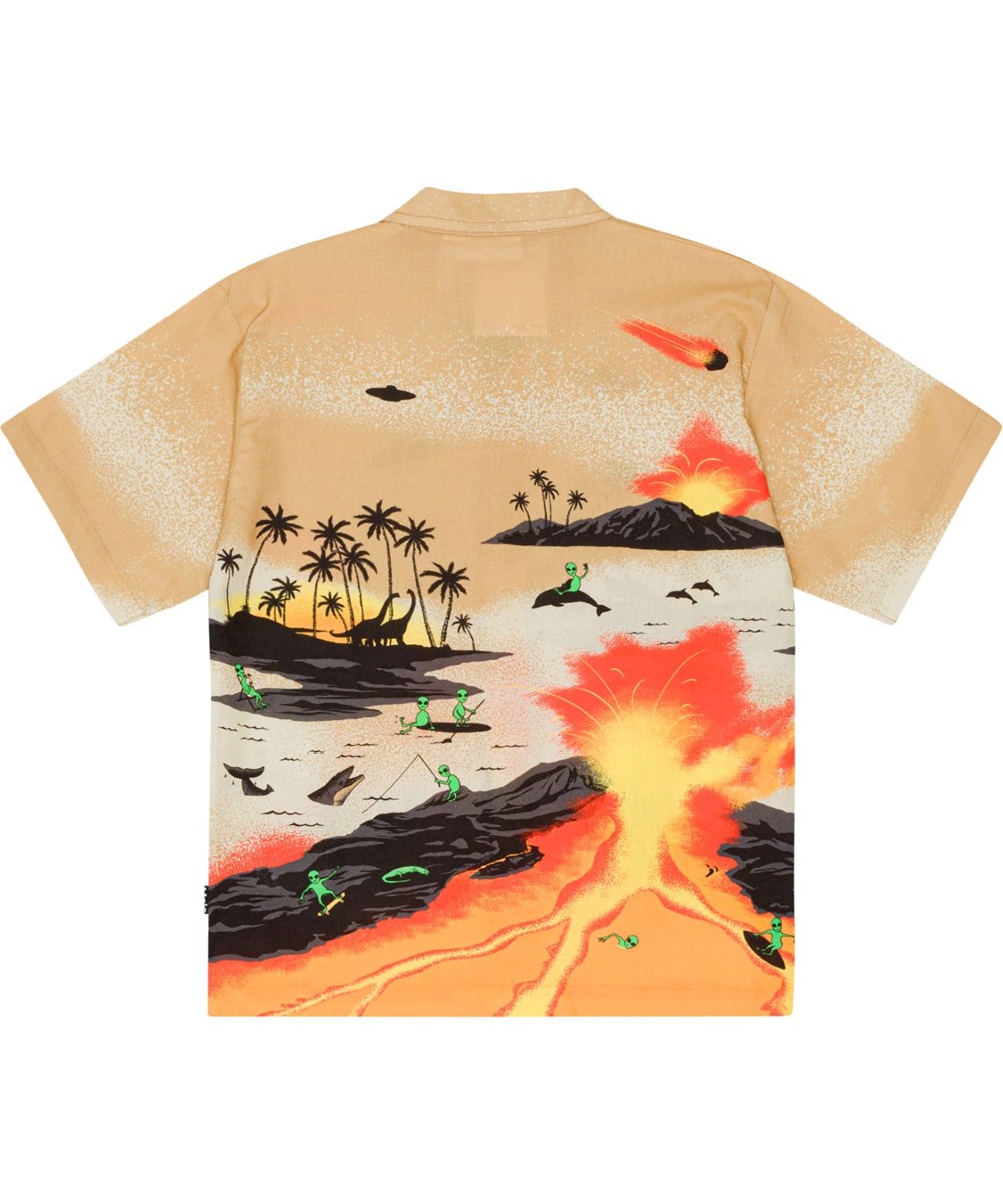 Rui - Alien Tourists - Gele en zandkleurige biologische blouse met surfende buitenaardse wezen.