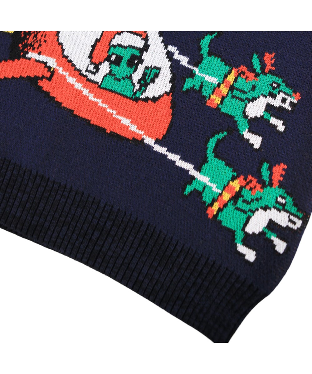 Bello - Merry Space-Mas - Donkerblauwe gebreide trui gemaakt van een katoenmix met een kerstpatroon in de ruimte.