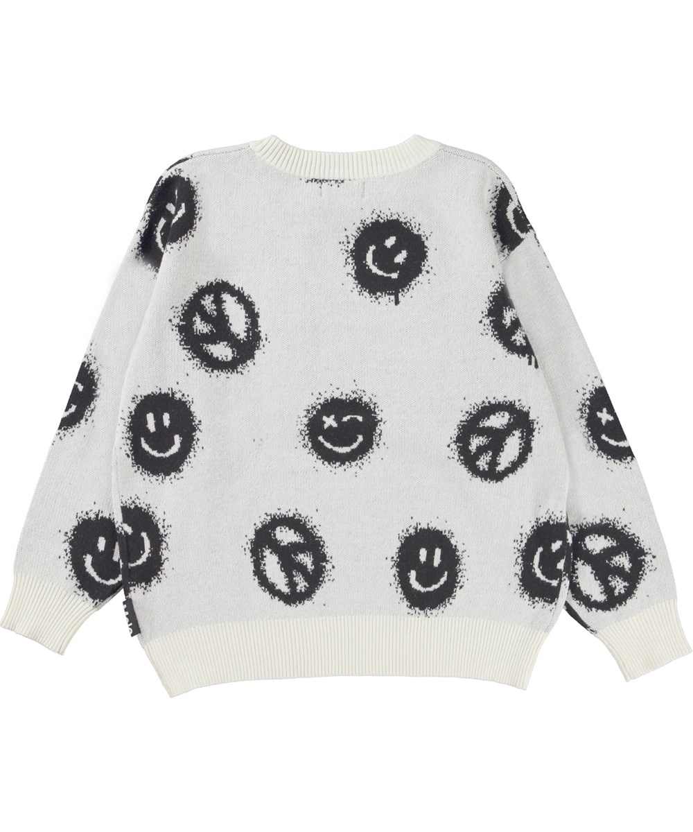 Bello - Peace Knit - Wit gebreide trui met smiley en peace