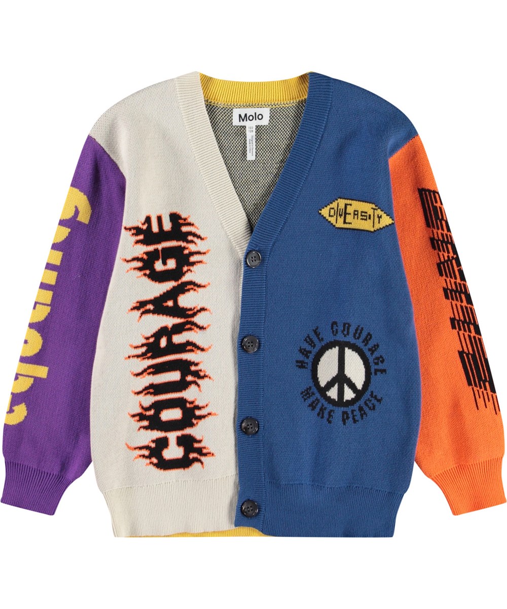 Burt - You Matter! - Kleurrijke gebreide kindervest van biologisch katoen met een v-hals, ribboord rond de hals, mouwen en onderkant en knopen aan de voorkant.