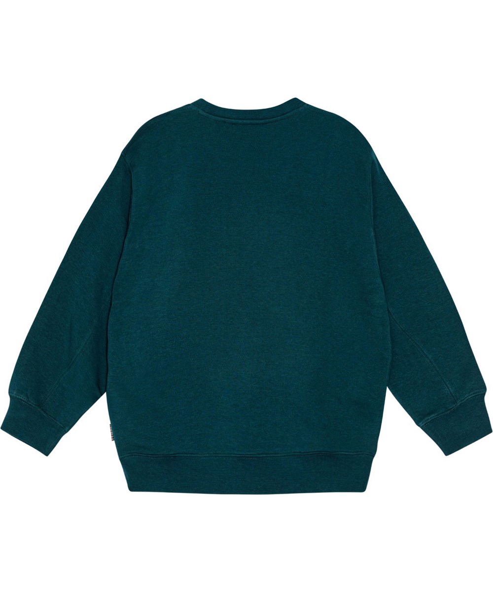 Magni - Grading Smile - Groene biologische katoenen sweater met print aan de voorkant.