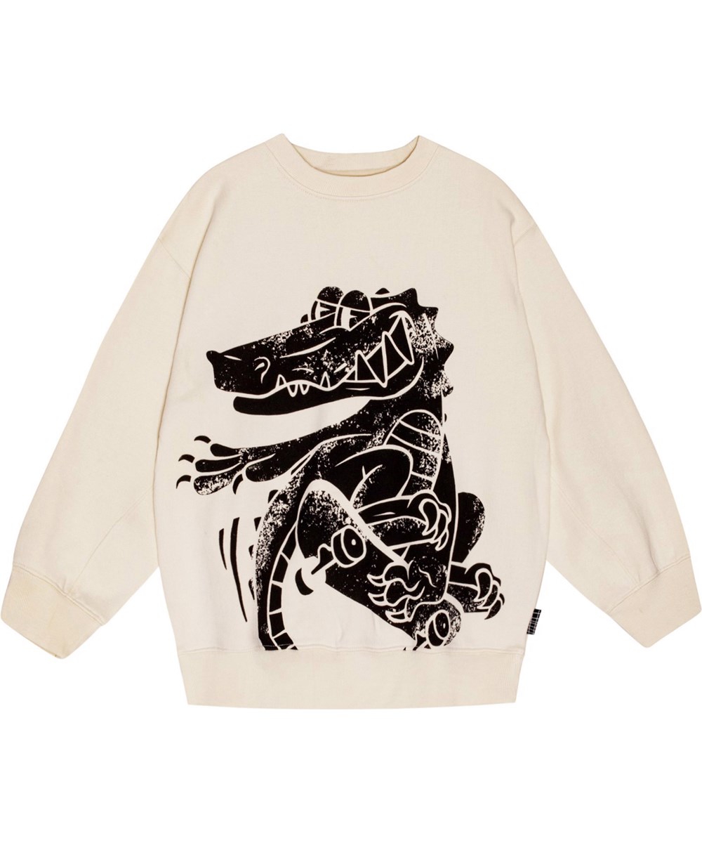 Magni - White Noise - Off-white biologisch katoenen sweater met zwarte "Skater Gater" print.