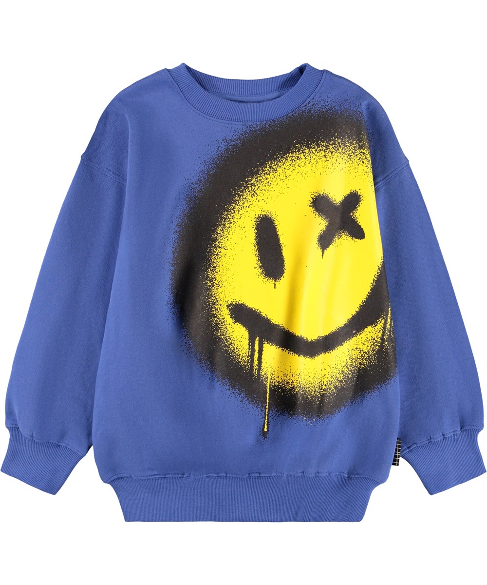 Mar - Drip Smile - Blauwe kindersweater gemaakt van zachte biologische katoen met een print van een gele glimlach.
