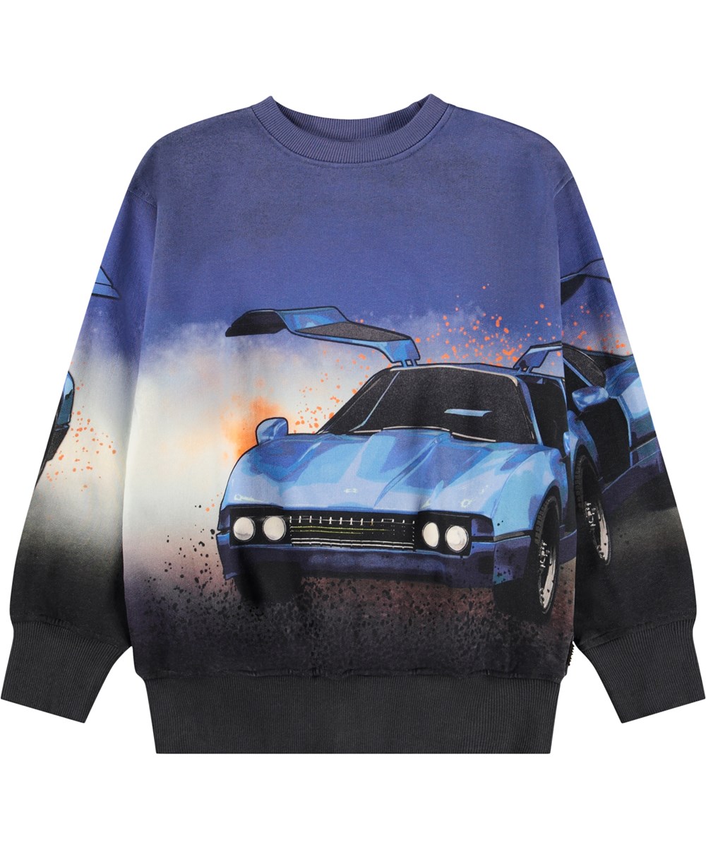 Mattis - Car Blue - Blauwe kindersweater gemaakt van zacht biologisch katoen met een print van een raceauto.