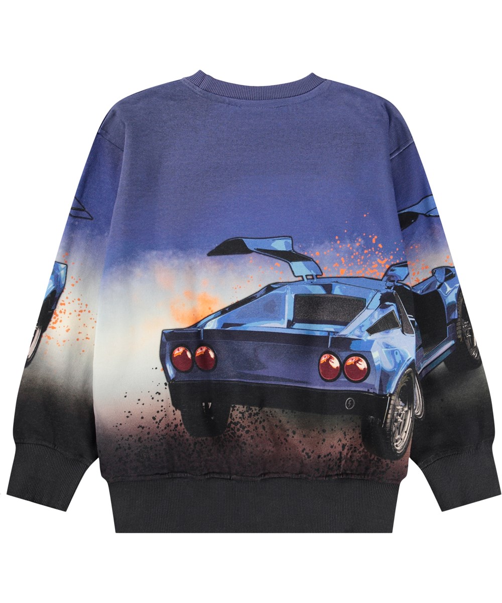 Mattis - Car Blue - Blauwe kindersweater gemaakt van zacht biologisch katoen met een print van een raceauto.