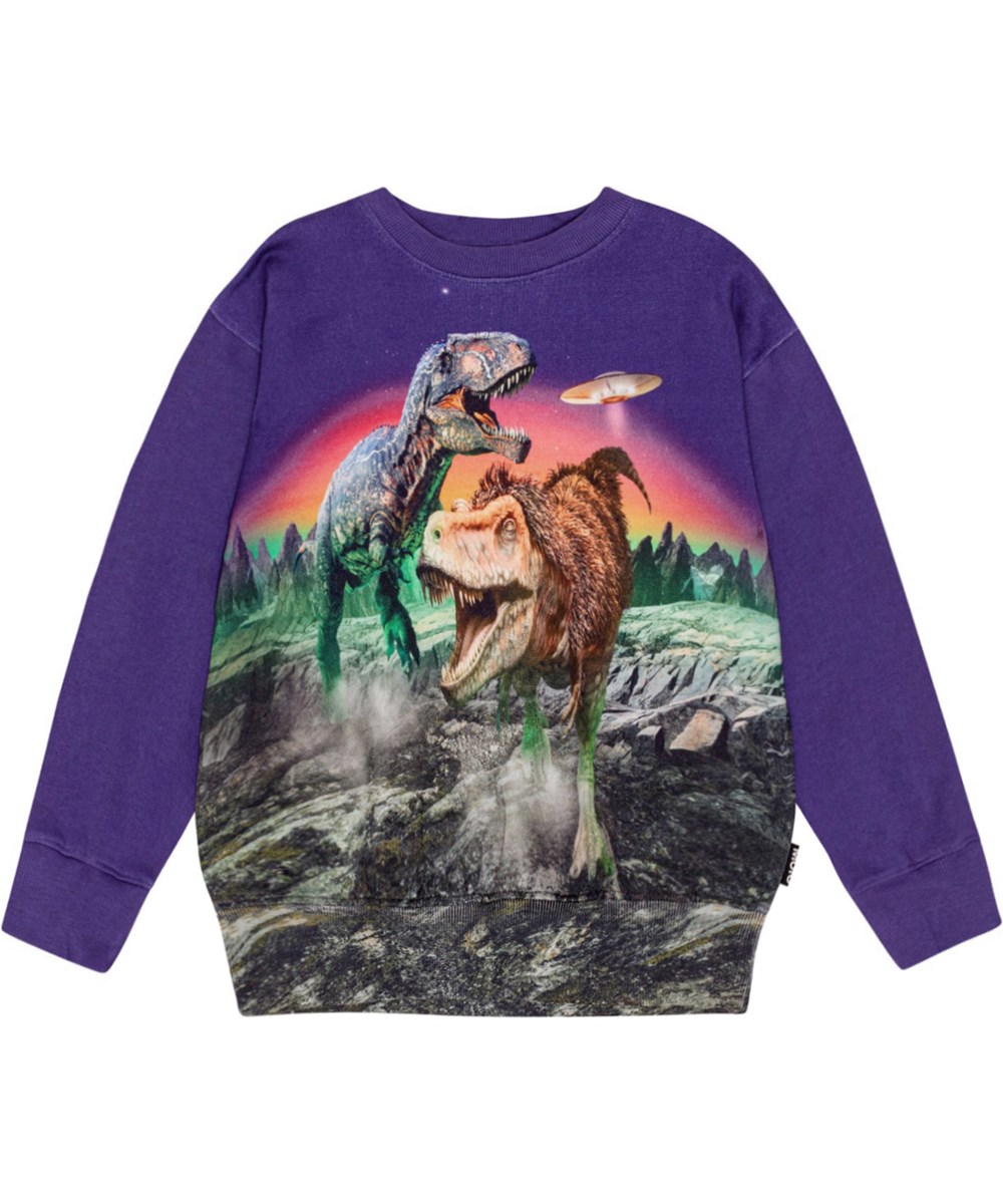 Mattis - Dino Play - Paarse sweater met dinosaurus- en UFO-print.