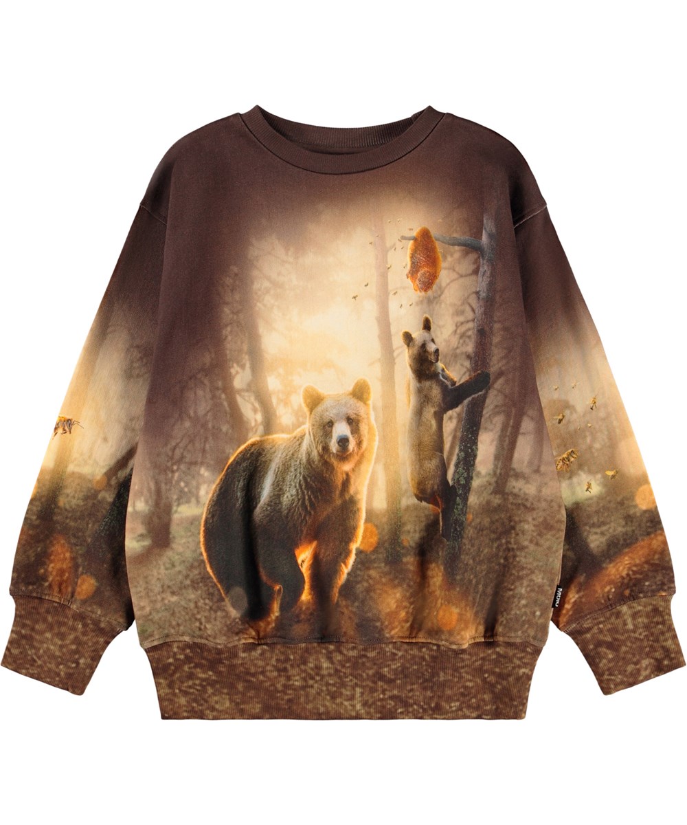 Mattis - Honey Bears - Bruine kindersweater gemaakt van zacht biologisch katoen met een print van schattige honingberen.