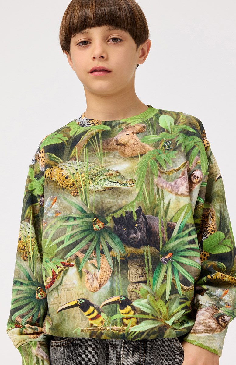 Mattis - Jungle Animals - Kindersweater van zacht bioloigsch katoen met print en ribboord rond de hals, mouwen en onderkant.