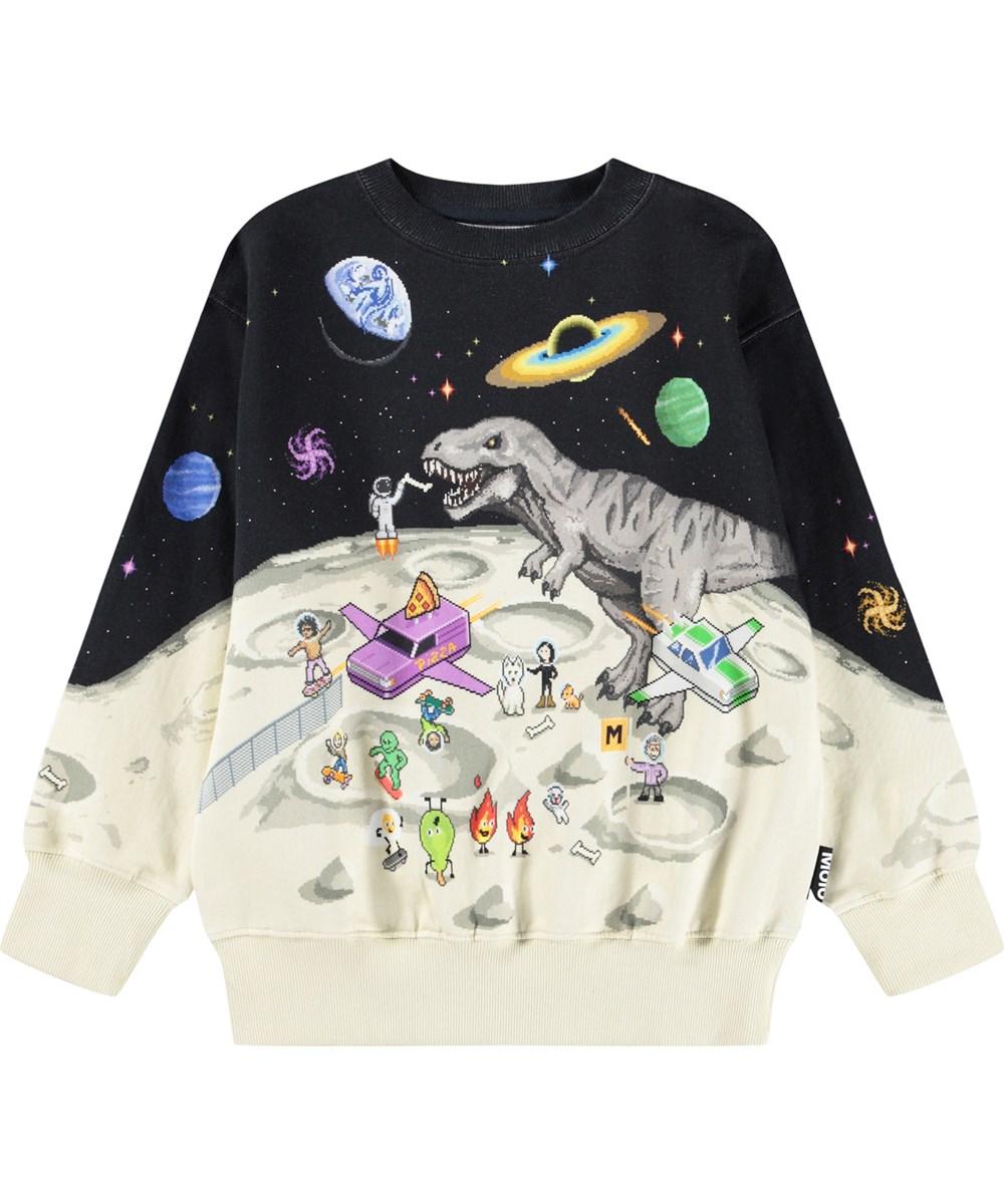 Mattis - Pixel Moon - Kleurrijk kindersweater gemaakt van zacht biologisch katoen met een pixelachtige, door de computer geïnspireerde print van de maan.