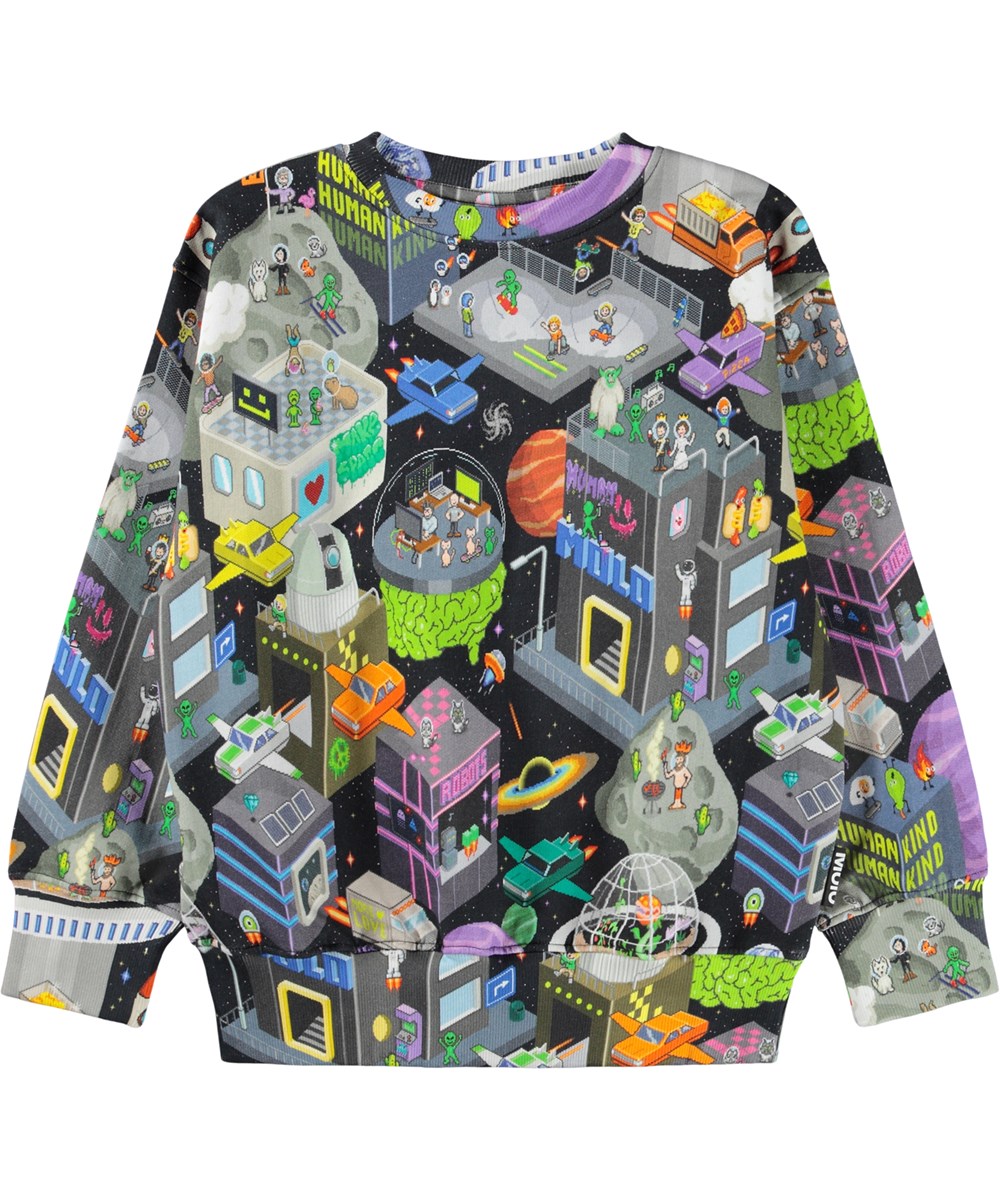 Mattis - Pixel Space - Zwarte kindersweater gemaakt van zacht biologisch katoen met een print geïnspireerd op een pixelachtig computerspel.