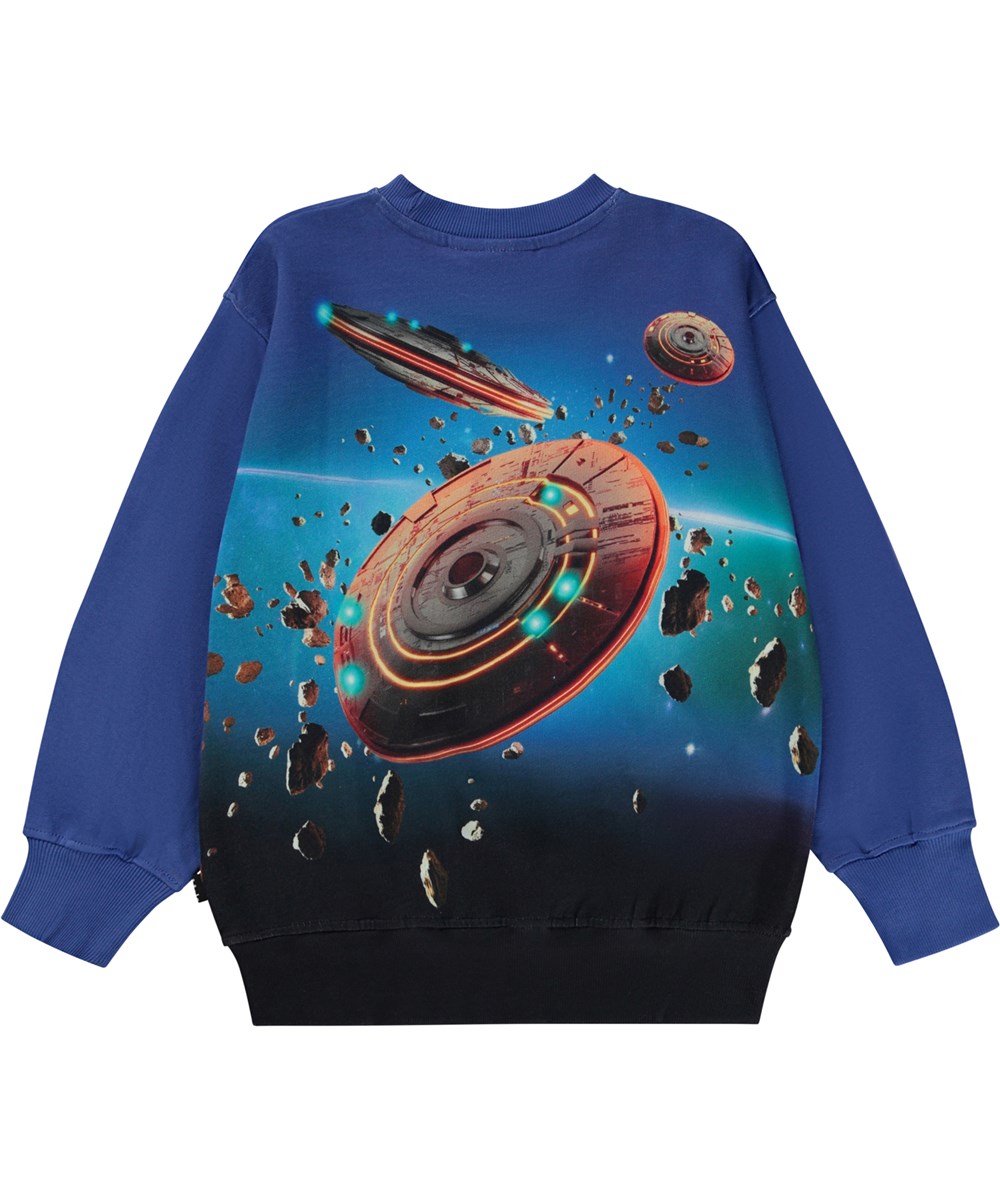 Mattis - Space Flight - Blauwe biologische sweater met print van het heelal