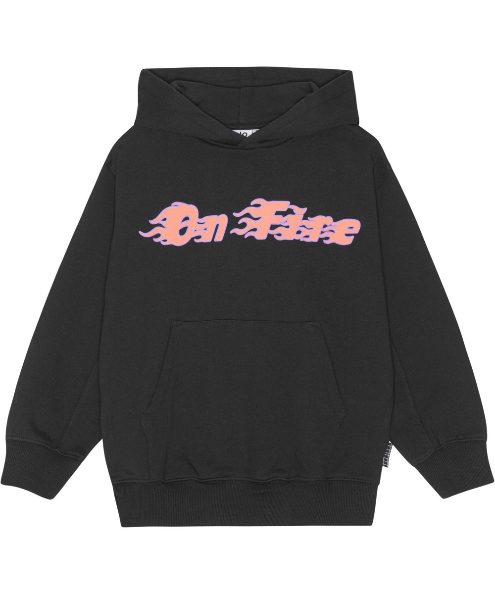 Maxx - Black - Zwarte biologische hoodie met een 'On Fire' print in oranje en paars
