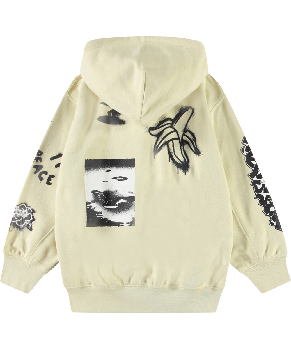 Mazz - Alabaster - Gebroken witte kinderhoodie van zacht biologisch katoen met rits en voorzakken en ribboord rond de mouwen en onderkant