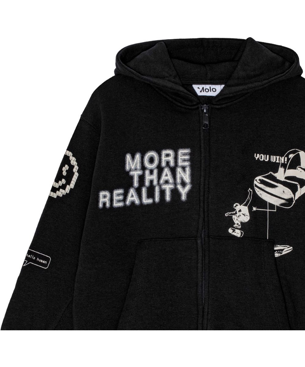 Mazz - Black - Zwarte en witte hoodie van biologisch katoen met rits.