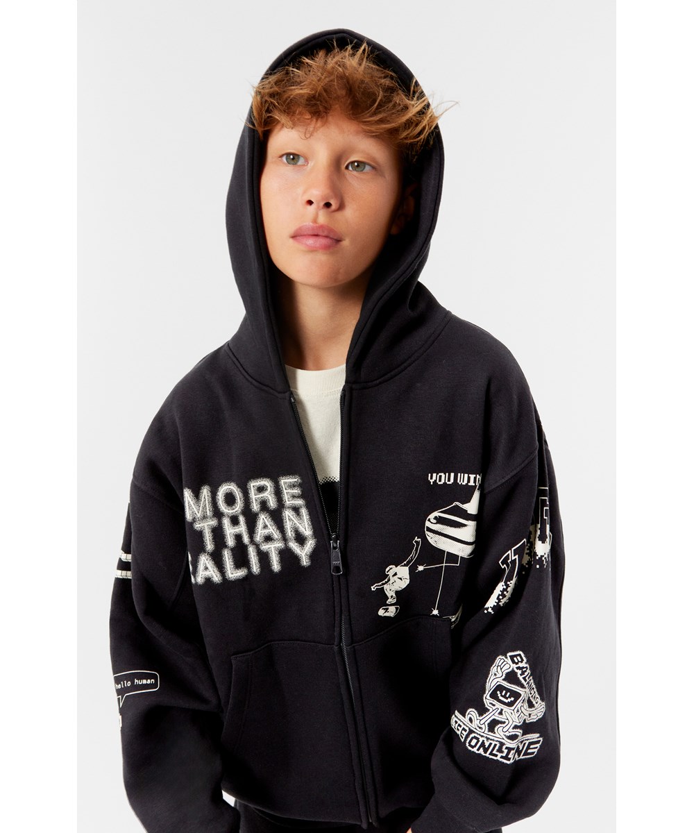 Mazz - Black - Zwarte en witte hoodie van biologisch katoen met rits.