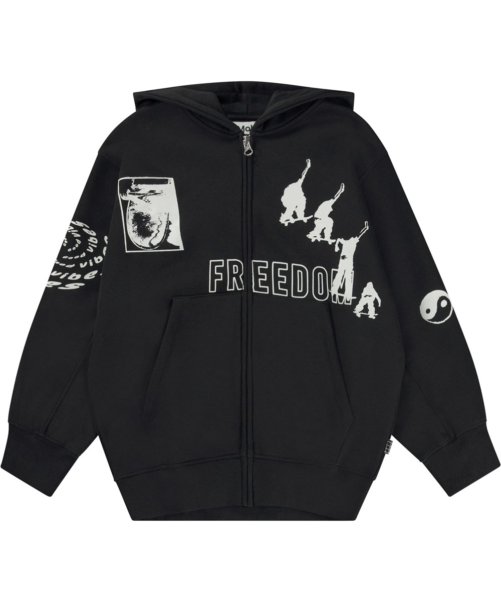 Mazz - Black - Zwarte hoodie met rits en grafische print