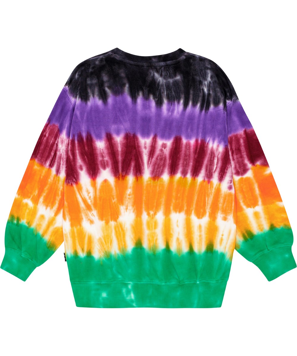 Memphis - Stripy Dye - Kleurrijke tie-dye sweater van biologisch katoen met een smiley print.