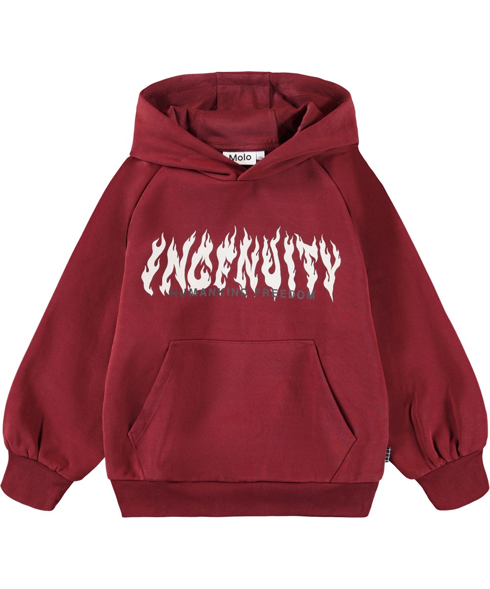 Mic - Dark Red - Donkerrode kinderhoodie gemaakt van biologisch katoen met een vlammenprint.