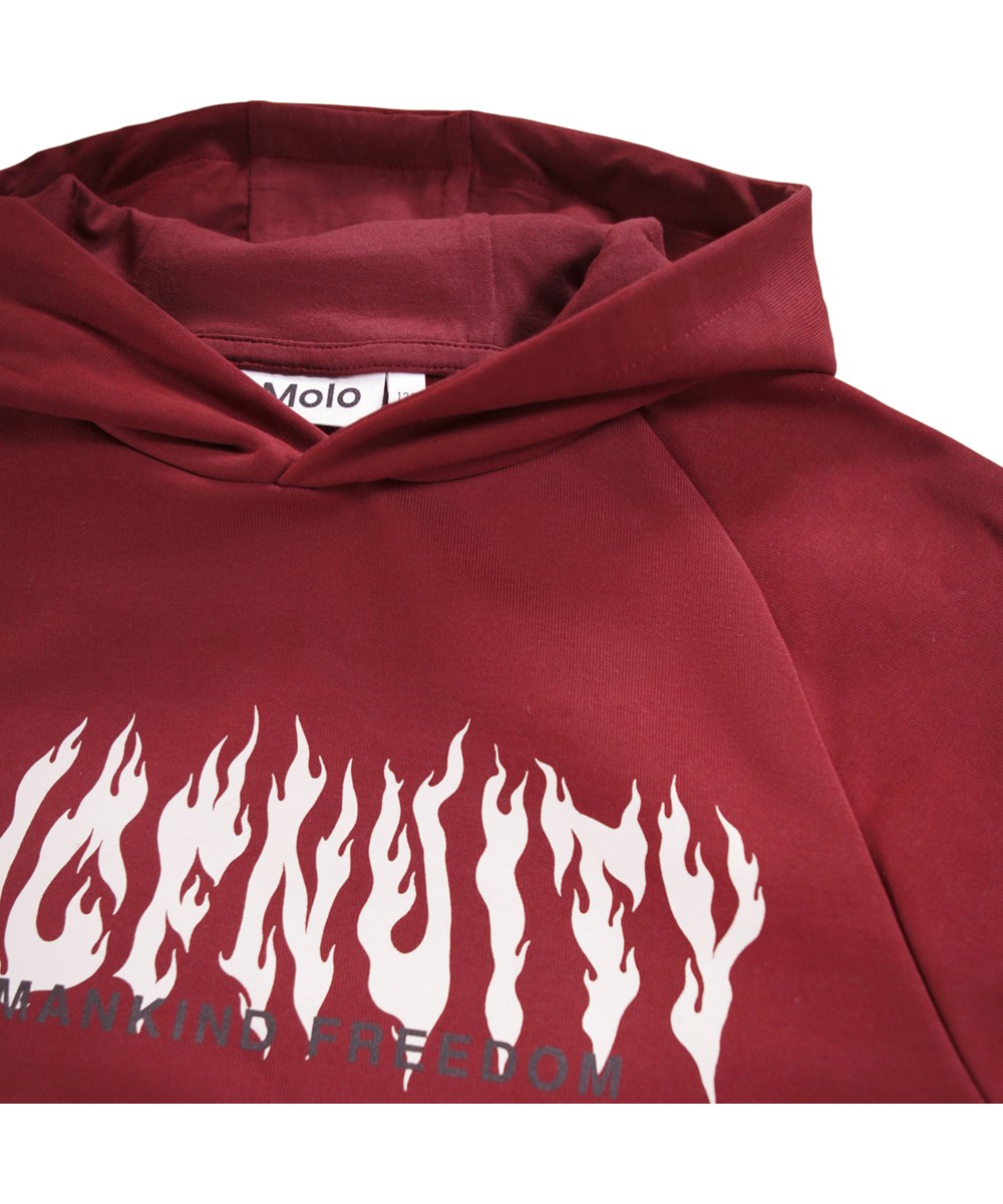 Mic - Dark Red - Donkerrode kinderhoodie gemaakt van biologisch katoen met een vlammenprint.