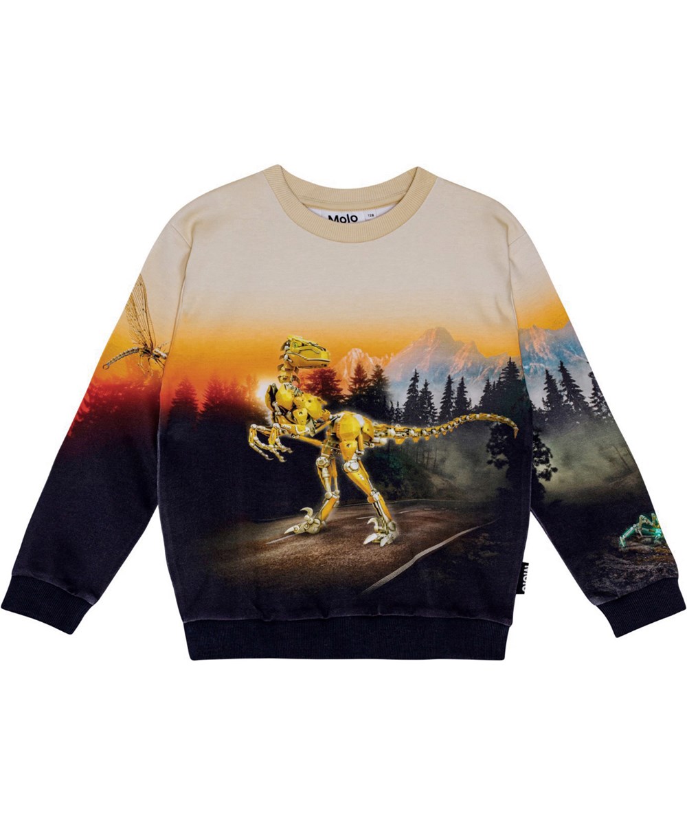 Miksi - Virtual World - Kleurrijke biologisch katoenen sweater met robot-dino print in een normale pasvorm.