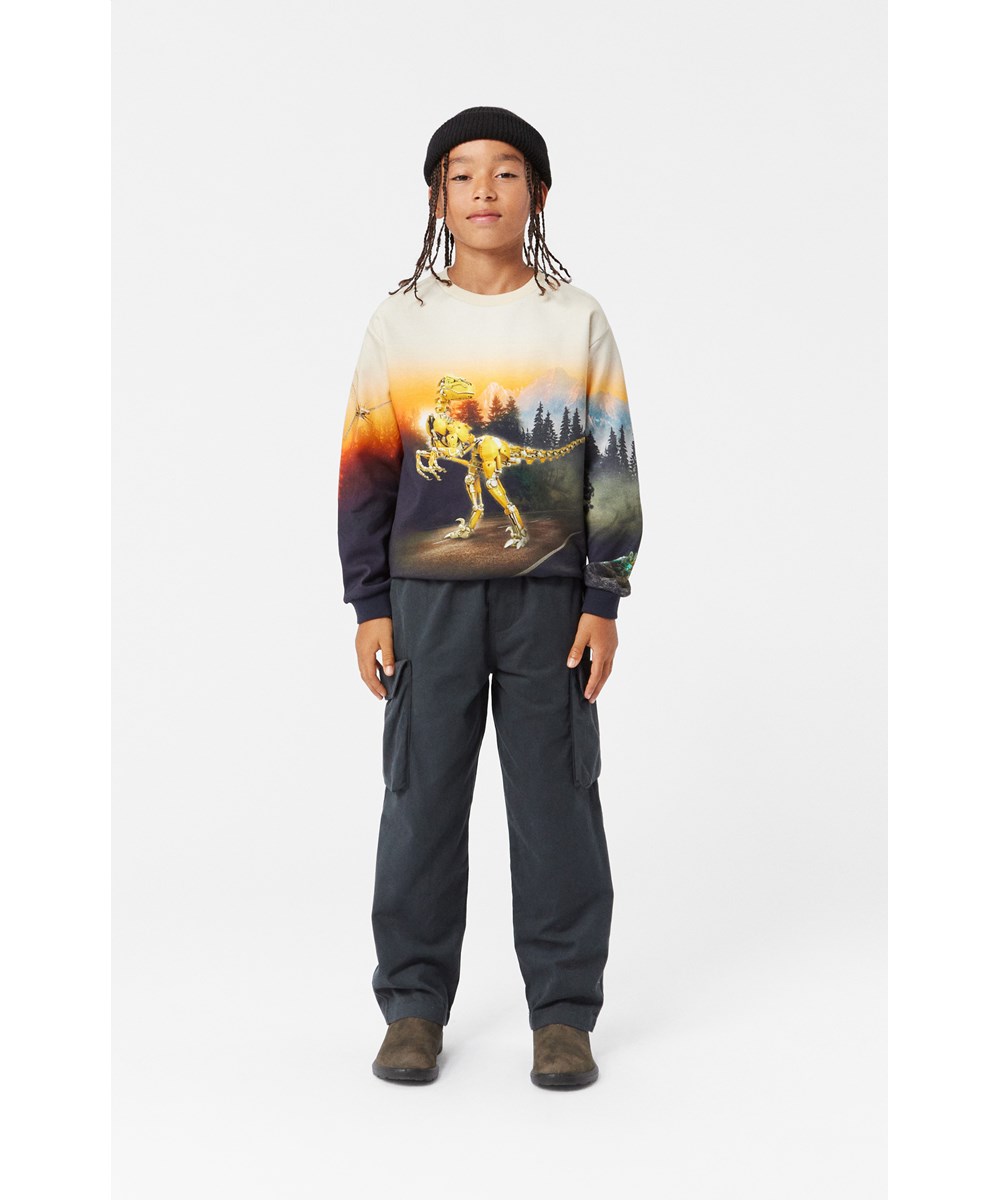 Miksi - Virtual World - Kleurrijke biologisch katoenen sweater met robot-dino print in een normale pasvorm.