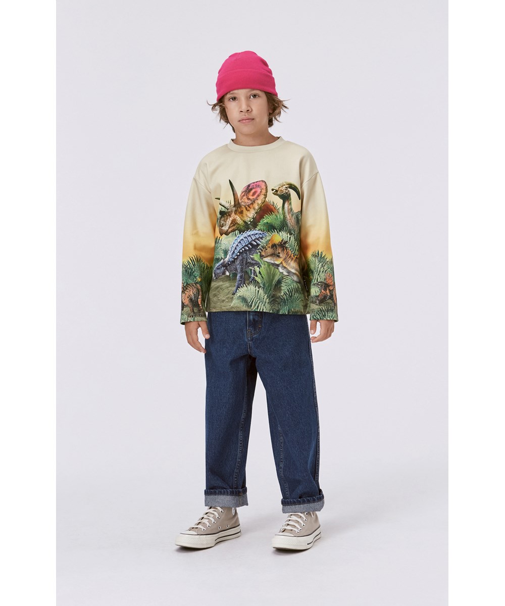 Monte -  Friendly Dinos - Gele biologische sweater met dinosaurus print